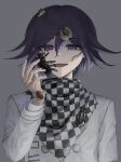  1boy :d aji_kosugi bangs black_hair bug checkered checkered_background checkered_scarf commentary_request dangan_ronpa_(series) dangan_ronpa_v3:_killing_harmony eyebrows_visible_through_hair grey_background hair_between_eyes hand_up highres insect long_sleeves looking_at_viewer male_focus open_mouth ouma_kokichi purple_hair scarf short_hair smile solo spider straitjacket sweat upper_body violet_eyes 