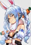  1girl animal_ear_fluff animal_ears arm_cuffs black_gloves black_leotard blue_hair braid breasts bunnysuit carrot_hair_ornament cleavage closed_mouth crossed_arms dress eyebrows food_themed_hair_ornament fur-trimmed_gloves fur_scarf fur_trim gloves hair_ornament hair_ribbon half-closed_eye hankuri hololive hankuri leotard light_blue_hair long_hair looking_at_viewer medium_breasts multicolored_hair off-shoulder_dress off_shoulder one_eye_closed orange_eyes rabbit_ears ribbon simple_background smile solo thick_eyebrows tied_hair tress_ribbon twin_braids twintails two-tone_hair upper_body usada_pekora virtual_youtuber white_background white_dress white_hair 