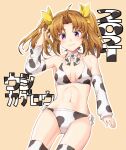  1girl 2021 alternate_costume animal_print bikini breasts brown_hair chinese_zodiac cow_print detached_sleeves hair_ribbon highres kagerou_(kancolle) kantai_collection long_hair monsuu_(hoffman) navel print_bikini print_legwear print_sleeves ribbon small_breasts solo swimsuit thigh-highs twintails violet_eyes white_bikini white_legwear white_sleeves year_of_the_ox yellow_ribbon 