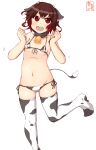  1girl absurdres alternate_costume animal_ears animal_print artist_logo ass_visible_through_thighs belly bikini brown_hair clenched_hands commentary_request cow_ears cow_horns cow_print cow_tail cowboy_shot dated fake_animal_ears fake_horns front-tie_top gradient_hair groin highres horns kanon_(kurogane_knights) kantai_collection looking_at_viewer lowleg lowleg_bikini micro_bikini multicolored_hair mutsuki_(kancolle) navel one-hour_drawing_challenge open_mouth red_eyes redhead round_teeth short_hair side-tie_bikini simple_background solo swimsuit tail teeth thigh-highs upper_teeth white_background white_bikini white_legwear 
