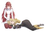  2girls ahoge alternate_costume bangs blonde_hair caeldori_(fire_emblem) fire_emblem fire_emblem_fates gloves grey_eyes hand_on_another&#039;s_head high_heels highres long_hair long_sleeves looking_at_another looking_at_viewer lying_on_lap moja_(moquackja) multiple_girls ophelia_(fire_emblem) red_eyes redhead 