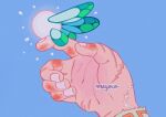  absurdres artist_name blue_background bruise english_commentary fairy fairy_wings hands highres injury link meyoco on_finger scar scar_on_hand simple_background the_legend_of_zelda wings 