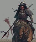  1girl animal armor arrow_(projectile) banner black_eyes black_hair blood helmet highres holding holding_spear holding_weapon horse horseback_riding japanese_armor kabuto katana long_hair looking_at_viewer menpoo muneate original polearm riding sheath sheathed shoulder_armor sode spear sword tamusuguru weapon 