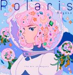  1girl artist_name bangs clouds crescent ear_piercing earrings fishbowl_helmet flower gem jellyfish jewelry leaf meyoco original piercing pink_flower pink_hair planet planetary_ring portrait profile short_hair solo space_helmet spacesuit white_flower 