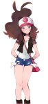  1girl arms_behind_back bag baseball_cap black_vest blue_shorts blush boots brown_hair closed_mouth cowlick eyelashes green_eyes hat high_ponytail highres hilda_(pokemon) knees looking_at_viewer ohds101 open_clothes open_vest pink_bag pokemon pokemon_(game) pokemon_bw shirt short_shorts shorts shoulder_bag simple_background sleeveless sleeveless_shirt solo standing symbol_commentary thigh_gap vest white_background white_shirt 