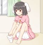  1girl animal_ears bad_feet bangs barefoot black_hair bloomers blush carrot_necklace closed_mouth commentary_request curtains dress eyebrows_visible_through_hair flat_chest floppy_ears half-closed_eyes highres inaba_tewi indoors jitome knees_up looking_to_the_side pink_dress puffy_short_sleeves puffy_sleeves rabbit_ears red_eyes ribbon-trimmed_dress rozugadena shadow short_hair short_sleeves sitting smile sock_pull solo toenails toes touhou underwear wall white_bloomers white_legwear window 