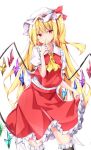  1girl blonde_hair commentary_request crystal flandre_scarlet hat highres kuraaken long_hair looking_at_viewer mob_cap simple_background solo touhou very_long_hair white_background white_headwear wings 