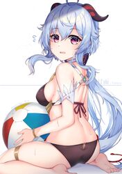  1girl absurdres ahoge ass ball bare_arms bare_shoulders barefoot beachball bell bikini black_bikini blue_hair blush bracelet breasts character_name flying_sweatdrops from_behind ganyu_(genshin_impact) genshin_impact highres horns jewelry long_hair looking_at_viewer looking_back low_ponytail medium_breasts open_mouth red_ribbon ribbon sideboob sidelocks sitting skindentation solo sweat swimsuit thighlet twitter_username very_long_hair violet_eyes wariza wata_neo white_background 