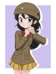  1girl :o adjusting_clothes adjusting_headwear black_eyes black_hair black_ribbon border brown_headwear brown_jacket chi-hatan_military_uniform cowboy_shot girls_und_panzer hair_ribbon helmet jacket kubota_rin light_blush long_hair long_sleeves looking_at_viewer low-tied_long_hair military military_uniform miniskirt open_mouth outside_border pleated_skirt purple_background ribbon silhouette skirt solo standing takahashi_kurage uniform white_border yellow_skirt 