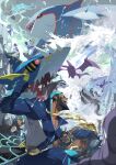  3girls 4boys anchor_necklace archie_(pokemon) bandana beard black_hair clenched_hand cliff crobat dark_skin dark-skinned_female dark_skinned_male e_volution facial_hair gen_1_pokemon gen_2_pokemon gen_3_pokemon jewelry kyogre legendary_pokemon long_hair looking_up matt_(pokemon) mega_pokemon mega_sharpedo mightyena muk multicolored_hair multiple_boys multiple_girls muscular muscular_male necklace open_mouth pokemon pokemon_(creature) pokemon_(game) pokemon_oras rain sharpedo shelly_(pokemon) shirt short_hair smile standing striped striped_shirt team_aqua team_aqua_grunt team_aqua_uniform teeth tongue two-tone_hair water waves wetsuit 