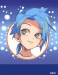  1boy aqua_eyes artist_name bangs blue-haired_boy_(how_to_draw_manga) blue_background blue_hair blue_theme blush commentary cover cover_page derivative_work english_commentary eyebrows_visible_through_hair face forehead hair_intakes happy highres how_to_draw_manga light_blush looking_to_the_side male_focus parted_lips ponytail ruron_(ruron_art) shiny shiny_hair shirt short_hair sidelocks smile solo tied_hair watermark white_shirt 