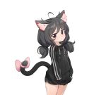 1girl :&lt; absurdres ahoge animal_ear_fluff animal_ears black_hair black_jacket black_shorts brown_eyes cat_ears cat_girl cat_tail eyebrows_visible_through_hair hands_in_pockets highres jacket long_hair original ribbon short_shorts shorts simple_background solo tail tail_ornament tail_ribbon thighs twintails white_background wowo2469 