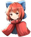  1girl blue_bow bow cloak closed_mouth commentary cropped_torso hair_bow kuneamorai looking_at_viewer red_eyes redhead sekibanki short_hair simple_background solo touhou white_background 