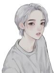 1girl black_eyes grey_hair grey_shirt highres jewelry looking_at_viewer necklace original shirt short_hair simple_background solo upper_body uyumint white_background 