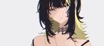  1girl :o bare_shoulders black_hair blonde_hair choker collarbone dameyanke ear_piercing empty_eyes expressionless floating_hair grey_background halftone_texture idolmaster idolmaster_shiny_colors ikaruga_luca lace-trimmed_choker lace_trim looking_at_viewer multicolored_hair piercing portrait shaded_face sidelocks simple_background solo strap_slip 