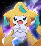  :d comet commentary commentary_request dagashi_(daga2626) gen_3_pokemon green_eyes hands_together highres interlocked_fingers jirachi looking_at_viewer mythical_pokemon nebula no_humans open_mouth pokemon pokemon_(creature) smile solo space star_(sky) tongue 