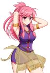  1girl ahoge armband armpits arms_behind_head blush breasts choker closed_mouth collarbone commentary_request cowboy_shot dress eyebrows_visible_through_hair fire_emblem fire_emblem:_the_sacred_stones hair_ornament highres kirby_lord large_breasts long_hair looking_at_viewer marisa_(fire_emblem) mixed-language_commentary o-ring pink_eyes pink_hair ponytail popped_collar purple_dress sarong shadow short_dress sidelocks simple_background solo thigh_strap thighs very_long_hair white_background white_choker 