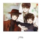  2boys black_hair brother_and_sister hand_on_shoulder hat multiple_boys photo_(object) sakurazuka_seishirou short_hair siblings smile sumeragi_subaru tokyo_babylon twins very_short_hair 