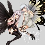  2girls aerie_(bravely_default) anne_(bravely_second) antenna_hair arm_up artist_name bare_shoulders black_gloves black_legwear black_leotard blue_eyes bravely_default:_flying_fairy bravely_default_(series) bravely_second:_end_layer breasts brown_eyes butterfly_wings character_name collarbone dress eyebrows_visible_through_hair fairy full_body gloves grey_background grey_hair highres leotard long_hair looking_at_viewer multiple_girls pointy_ears rokudessa short_dress simple_background small_breasts smile strapless strapless_dress thigh-highs thigh_strap white_dress wings 