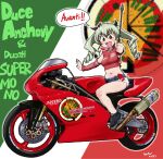  1girl :d anchovy_(girls_und_panzer) anzio_(emblem) artist_name background_text bangs black_footwear black_ribbon blue_shorts brown_eyes character_name commentary_request crop_top cutoffs dated denim denim_shorts detached_sleeves drill_hair ducati ducati_supermono emblem english_text eyebrows_visible_through_hair fang flag_background girls_und_panzer green_hair ground_vehicle hair_ribbon high_collar highres holding italian_flag italian_text konkon logo long_hair looking_at_viewer midriff motor_vehicle motorcycle on_motorcycle open_mouth red_shirt red_sleeves ribbon riding_crop shirt shoes short_shorts shorts signature skin_fang sleeveless sleeveless_shirt smile solo translated twin_drills twintails 