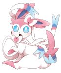 blue_eyes blush commentary creature dagashi_(daga2626) fangs full_body gen_6_pokemon highres looking_at_viewer looking_back no_humans open_mouth paws pokemon pokemon_(creature) simple_background sitting solo sylveon toes tongue white_background white_fur 