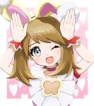  1girl absurdres animal_ears bangs brown_hair bunny_pose choker ebiura_akane fake_animal_ears grey_eyes heart highres looking_at_viewer may_(pokemon) one_eye_closed open_mouth pink_choker pokemon pokemon_(game) pokemon_masters_ex pokemon_oras rabbit_ears simple_background solo wrist_cuffs 