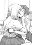  2girls absurdres closed_eyes goto_(demodatte_nanka) greyscale hand_in_another&#039;s_hair hand_on_another&#039;s_back highres kiss long_hair monochrome multiple_girls original school_uniform short_hair sitting sketch yuri 