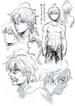  1boy abs absurdres aether_(genshin_impact) angry areolae asioo bangs blood braid clenched_teeth collarbone earrings genshin_impact greyscale highres jewelry long_hair male_focus monochrome scar scar_on_chest shirtless simple_background single_earring solo teeth toned toned_male white_background 