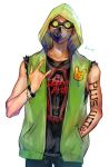  1boy \m/ apex_legends arm_tattoo black_shirt bracelet crypto_(apex_legends) goggles green_hoodie hand_in_pocket hood hoodie jewelry kawaniwa looking_at_viewer male_focus mask mouth_mask octane_(apex_legends) shirt sleeveless sleeveless_hoodie sleeveless_shirt solo tattoo white_background 