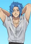  1boy arms_behind_head arms_up artist_name belt black_pants blue-haired_boy_(how_to_draw_manga) blue_background blue_hair bracelet closed_mouth collarbone collared_shirt commentary english_commentary gradient gradient_background hair_intakes half-closed_eyes happy highres how_to_draw_manga jewelry jpeg_artifacts light_blush looking_down male_focus mu_(qquwee) necklace pants shiny shiny_hair shiny_skin shirt shirt_tucked_in short_hair short_sleeves sidelocks signature simple_background smile solo upper_body white_shirt 