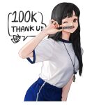  1girl bangs black_hair cowboy_shot highres jewelry long_hair looking_at_viewer marker milestone_celebration necklace one_eye_closed original rinotuna shirt shirt_tucked_in short_sleeves solo whistle whistle_around_neck white_background white_shirt 