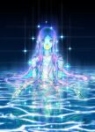  1girl amabie aqua_skin beak breasts commentary english_commentary fins head_fins italian_commentary long_hair marco_albiero mermaid monster_girl original partially_submerged purple_hair scales signature small_breasts solo sparkle very_long_hair violet_eyes youkai 