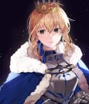  1girl ahoge armor artoria_pendragon_(all) bangs black_background blonde_hair blue_ribbon breastplate breasts commentary_request crown dress fate/stay_night fate_(series) fur-trimmed_robe gauntlets green_eyes hair_between_eyes hair_ribbon highres light_particles looking_at_viewer medium_breasts parted_lips ribbon royal_robe saber shimatori_(sanyyyy) shiny shiny_hair short_hair solo teeth upper_body 