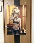  1girl arm_behind_head bandeau blonde_hair blue_eyes bracelet breasts couch denim door_handle fate/apocrypha fate_(series) hanging_scroll highres jeans jewelry midriff mordred_(fate) mordred_(fate)_(all) navel necklace pants red_scrunchie scroll scrunchie shorts small_breasts tonee torn_clothes torn_jeans torn_pants window wooden_door wooden_wall 