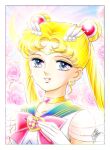  1girl bishoujo_senshi_sailor_moon blonde_hair blue_eyes blue_sailor_collar border brooch choker circlet crescent crescent_earrings double_bun earrings floral_background flower gloves heart jewelry marco_albiero parted_lips pink_flower pink_lips pink_rose portrait rose sailor_collar sailor_moon signature smile solo super_sailor_moon tsukino_usagi twintails white_border white_gloves 