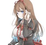  .live 1girl adjusting_hair blue_eyes blush breasts brown_hair commentary dress earrings hair_ribbon highres jewelry kakyouin_chieri large_breasts long_hair looking_at_viewer portrait red_ribbon ribbon simple_background solo virtual_youtuber white_background 