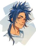  1boy artist_name bangs blue-haired_boy_(how_to_draw_manga) blue_eyes blue_hair blush closed_mouth collarbone commentary derivative_work english_commentary face forehead hair_intakes hair_tie happy highres how_to_draw_manga light_blush long_hair looking_at_viewer male_focus nose_blush ozumii ponytail shirt sidelocks signature simple_background smile solo spiky_hair tied_hair upper_body white_shirt 