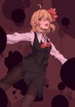  1girl absurdres black_legwear black_skirt blonde_hair blouse bow dress_shirt earrings hair_bow highres jewelry long_sleeves mouth_drool older open_mouth outstretched_arms pantyhose pom_pom_(clothes) red_bow red_eyes rumia sharp_teeth shirt short_hair skirt solo stank teeth touhou vest white_shirt 