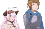  1boy 1girl blue_eyes blush brain brown_eyes brown_hair chest_armor chestnut_mouth draph fikkyun gran_(granblue_fantasy) granblue_fantasy highres horns long_hair meme narmaya_(granblue_fantasy) neuron_activation_(meme) pink_hair short_hair very_long_hair x-ray 