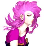  1girl floating_hair green_eyes highres jojo_no_kimyou_na_bouken looking_at_viewer medium_hair parted_lips pink_hair profile purin_(iddunpg) purple_shirt shadow shirt short_sleeves simple_background solo trish_una upper_body vento_aureo white_background 