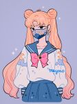  1girl absurdres artist_name bangs bishoujo_senshi_sailor_moon black_eyes blue_sailor_collar blue_skirt bow cowboy_shot crescent_facial_mark crescent_moon double_bun highres long_hair long_sleeves looking_at_viewer mask meyoco moon mouth_mask parted_bangs pink_bow pink_neckwear pleated_skirt print_mask print_shirt purple_background sailor_collar shirt shirt_tucked_in simple_background skirt solo sparkle surgical_mask tsukino_usagi twintails very_long_hair white_shirt 