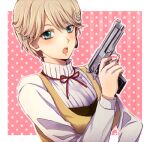  1girl bangs blonde_hair blue_eyes eyebrows_visible_through_hair gun handgun holding holding_gun holding_weapon inabakei long_sleeves looking_at_viewer open_mouth operator&#039;s_side pistol rio_hohenheim short_hair solo swept_bangs trigger_discipline turtleneck upper_body upper_teeth weapon 