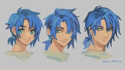  1boy age_progression artist_name azolitmin bangs blue-haired_boy_(how_to_draw_manga) blue_eyes blue_hair closed_mouth commentary english_commentary eyebrows_visible_through_hair face grey_background hair_intakes happy how_to_draw_manga looking_at_viewer looking_to_the_side male_focus multiple_views ponytail short_hair signature simple_background sketch smile tied_hair 