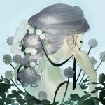  1girl absurdres blue_background flower from_behind grey_hair highres leaf long_hair mu_mashu multi-tied_hair original pink_nails plant ponytail simple_background solo upper_body white_flower 
