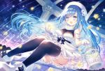  1girl black_legwear blue_eyes blue_hair blush cage dress emori_miku emori_miku_project eyebrows_visible_through_hair flower frilled_legwear fur-trimmed_footwear fur-trimmed_gloves fur_collar fur_trim garter_straps gloves hair_flower hair_ornament holding holding_cage long_hair meteor_shower open_mouth solo starry_background thigh-highs virtual_youtuber wasabi_(sekai) white_dress white_flower white_footwear white_gloves white_headwear 