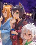  3girls ^_^ absurdres ahoge animal_ear_fluff animal_ears black_hair braid breasts cat_ears closed_eyes eating glowing hair_behind_ear highres huge_filesize japanese_clothes karyl_(princess_connect!) kimono kokkoro_(princess_connect!) lantern looking_down medium_breasts multiple_girls night night_sky obi orange_hair pecorine_(princess_connect!) pointy_ears princess_connect! princess_connect!_re:dive sash short_hair silver_hair sky smile star_(sky) starry_sky tokuya yukata 