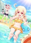  2girls :d ahoge animal_ears arms_up bangs bangs_pinned_back bare_arms bare_legs bare_shoulders barefoot beach bikini black_scrunchie black_shorts blonde_hair blue_eyes blue_sky bow cat_ears cat_girl cat_tail clouds commentary_request cute day diona_(genshin_impact) elf eyebrows_visible_through_hair fangs foreshortening genshin_impact groin hair_between_eyes highres holding klee_(genshin_impact) loli long_hair looking_at_viewer low_twintails mihoyo_technology_(shanghai)_co._ltd. multiple_girls navel open_clothes open_mouth open_shorts outdoors outstretched_arms pink_hair pointy_ears red_eyes round_teeth sansei_rain scrunchie short_shorts shorts sitting sky slime_(genshin_impact) smile soles splashing standing sunlight swimsuit tail tail_bow tail_ornament teeth twintails upper_teeth water white_bikini white_bow wrist_scrunchie yellow_bikini 