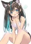  1girl animal_ear_fluff animal_ears bangs bare_shoulders between_legs black_shorts blue_eyes blue_hair blush bow breasts brown_hair cat_ears collarbone dutch_angle eyebrows_visible_through_hair feet_out_of_frame green_eyes hair_between_eyes hair_bow hand_between_legs knees_up looking_at_viewer multicolored multicolored_eyes multicolored_hair open_mouth original shorts sidelocks signature simple_background sitting sleeveless small_breasts solo spaghetti_strap strap_slip streaked_hair tank_top two-tone_hair white_background white_tank_top yamahara 
