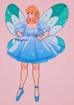  1boy artist_name blonde_hair blue_dress blue_footwear blush dress earrings fairy_wings full_body hands_on_hips jewelry link looking_at_viewer medium_hair meyoco pink_background pointy_ears simple_background solo sparkle standing the_legend_of_zelda wings 