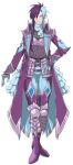  1boy aqua_eyes armor asrbpy blue_gloves blue_neckwear boots brooch facial_mark full_body gen_8_pokemon gloves greaves hair_over_one_eye hand_on_hip highres jewelry light_blue_hair looking_at_viewer multicolored_hair personification pokemon purple_footwear purple_hair simple_background solo standing thigh-highs thigh_boots toxtricity two-tone_hair white_background 